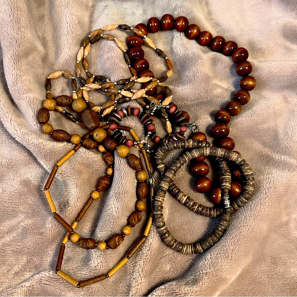Brown Wooden Beaded Bohemian Necklace and Earring Bundle - 5 Pieces